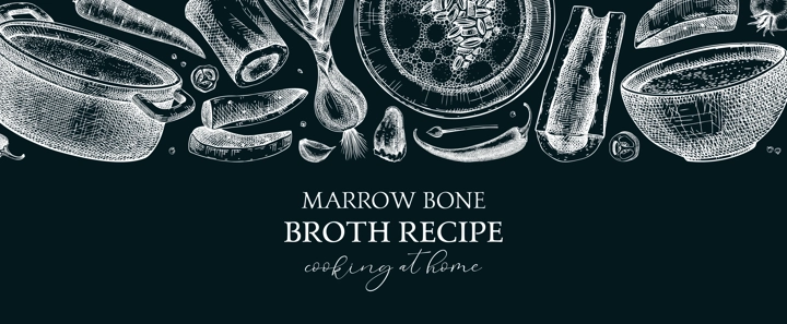 Healthy food background. Marrow bone broth banner. Hot soup on plates, pans, bowls, organ meat, vegetables, marrow bones sketches. Hand drawn vector illustrations. Homemade food on chalkboard